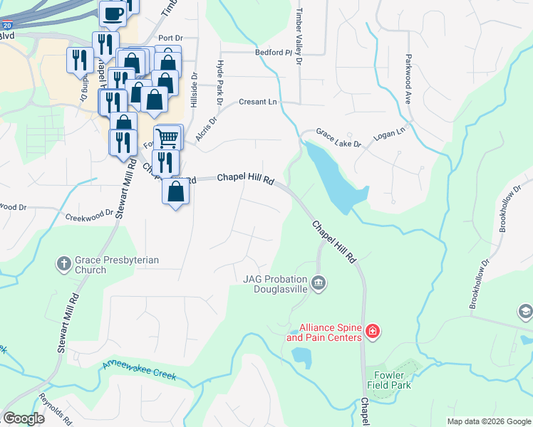 map of restaurants, bars, coffee shops, grocery stores, and more near 3102 North Woods Trail in Douglasville