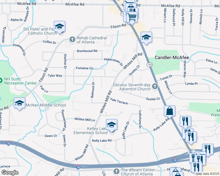 map of restaurants, bars, coffee shops, grocery stores, and more near 2245 Whites Mill Road in Decatur