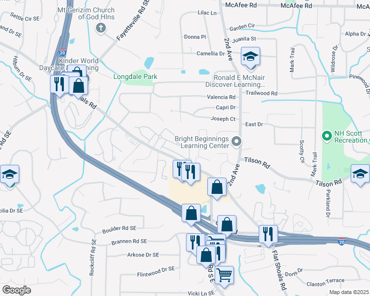map of restaurants, bars, coffee shops, grocery stores, and more near 2257 Leicester Way Southeast in Atlanta