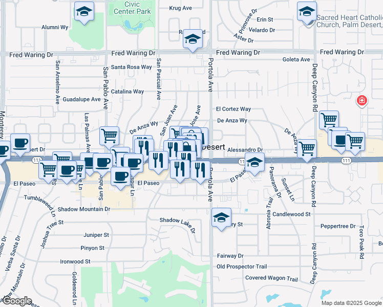 map of restaurants, bars, coffee shops, grocery stores, and more near in Palm Desert