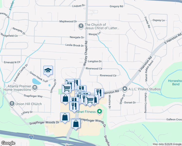 map of restaurants, bars, coffee shops, grocery stores, and more near 4702 Riverwood Circle in Decatur