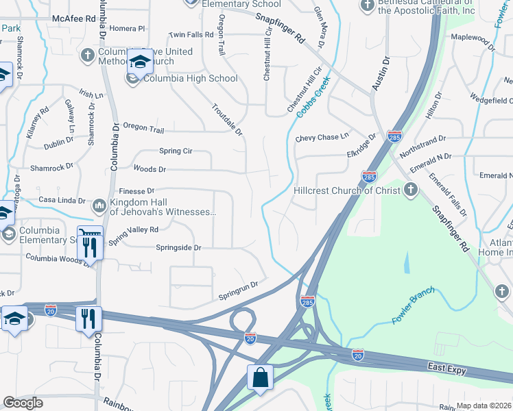 map of restaurants, bars, coffee shops, grocery stores, and more near 2289 Troutdale Drive in Decatur