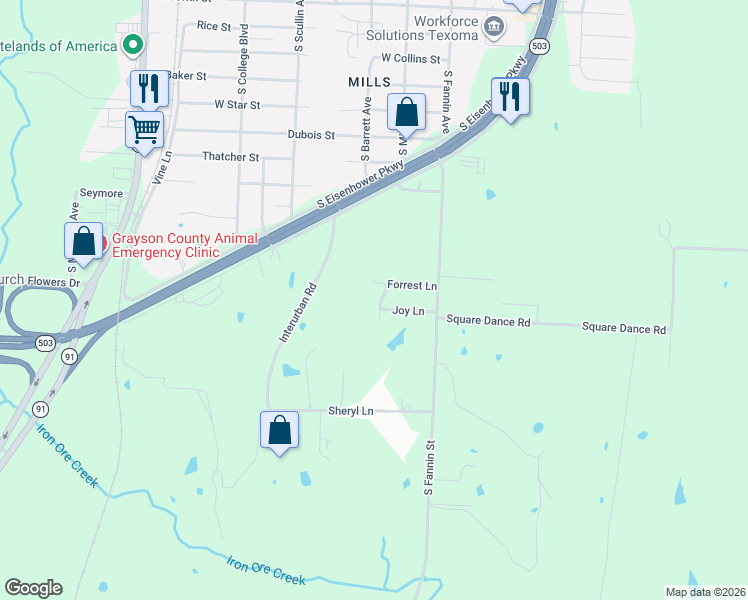 map of restaurants, bars, coffee shops, grocery stores, and more near 3415 Dana Lane in Denison