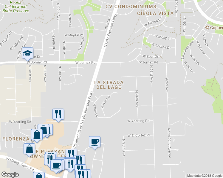 map of restaurants, bars, coffee shops, grocery stores, and more near 9565 West Bellissimo Lane in Peoria