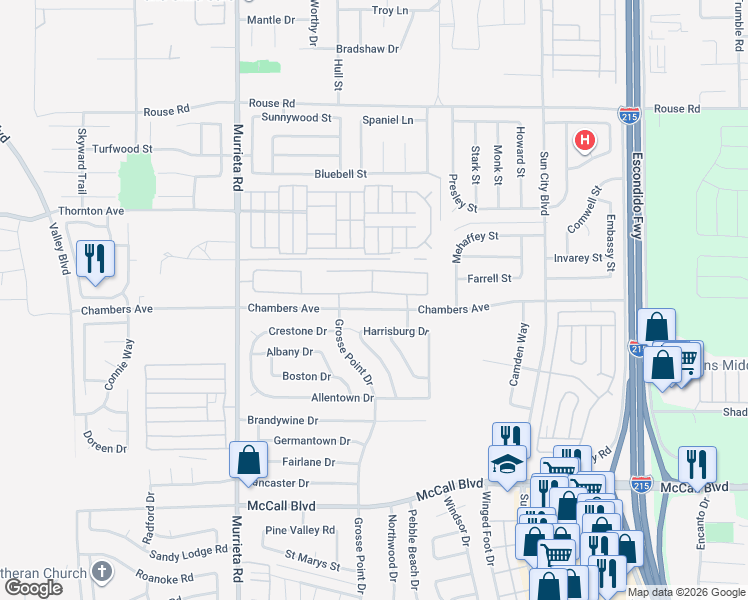 map of restaurants, bars, coffee shops, grocery stores, and more near 26363 Desert Rose Lane in Menifee