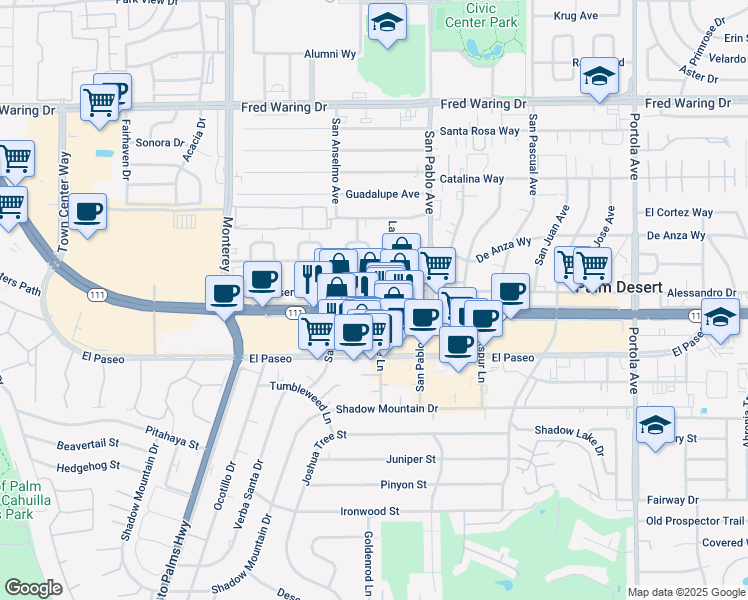 map of restaurants, bars, coffee shops, grocery stores, and more near 73360 Palm Desert Drive North in Palm Desert