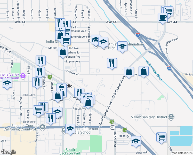 map of restaurants, bars, coffee shops, grocery stores, and more near 83335 Avenue 45 in Indio