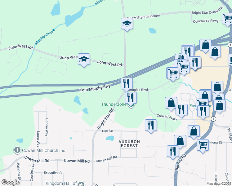 map of restaurants, bars, coffee shops, grocery stores, and more near 3095 Bright Star Road in Douglasville