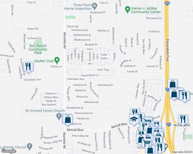map of restaurants, bars, coffee shops, grocery stores, and more near 26333 Desert Rose Lane in Menifee