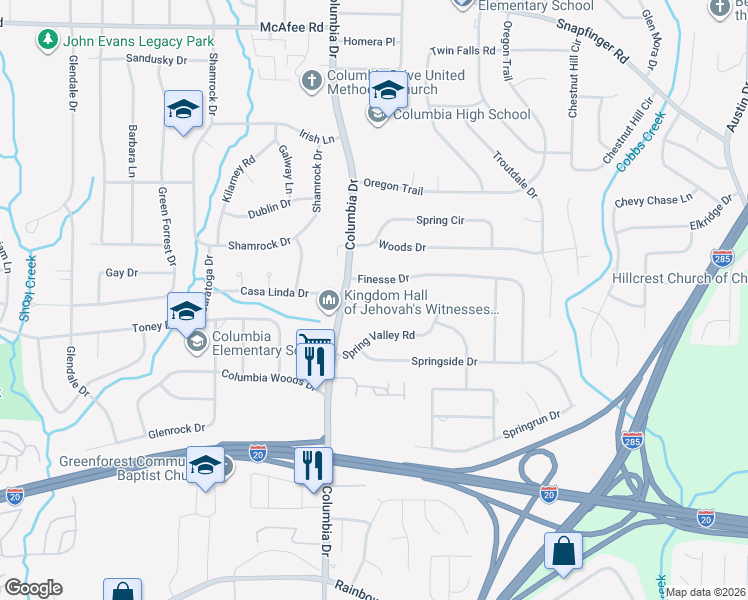map of restaurants, bars, coffee shops, grocery stores, and more near 3408 Columbia Court in Decatur