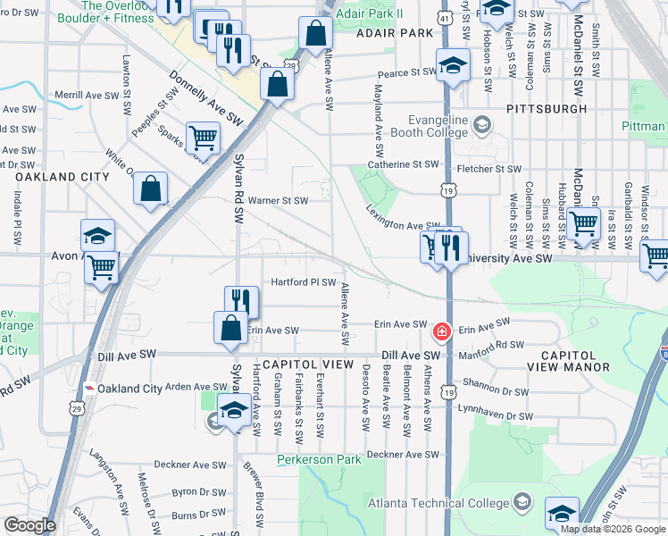 map of restaurants, bars, coffee shops, grocery stores, and more near 1213 Allene Avenue Southwest in Atlanta