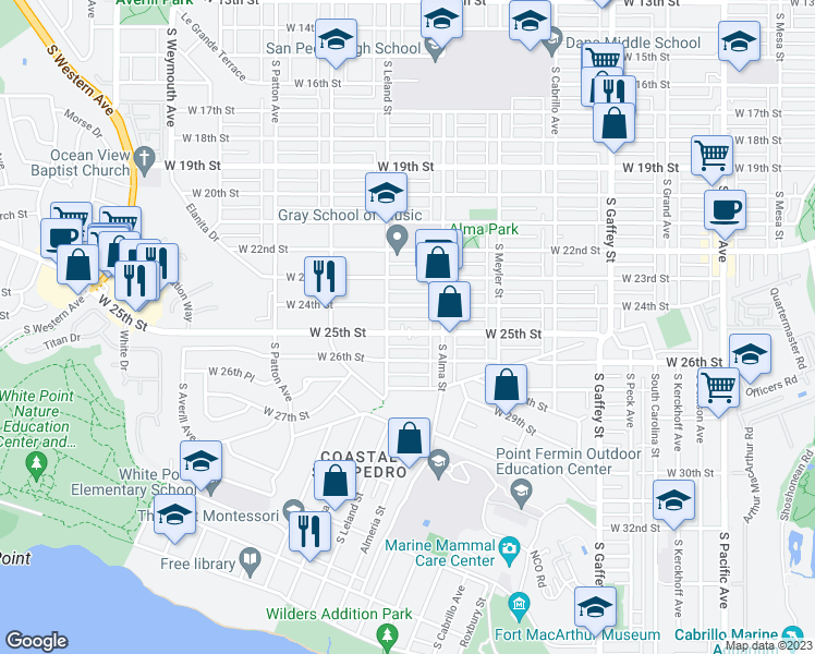 map of restaurants, bars, coffee shops, grocery stores, and more near 1056 West 25th Street in Los Angeles