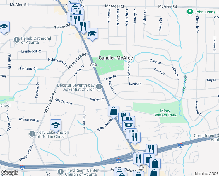 map of restaurants, bars, coffee shops, grocery stores, and more near 2790 Miriam Lane in Decatur