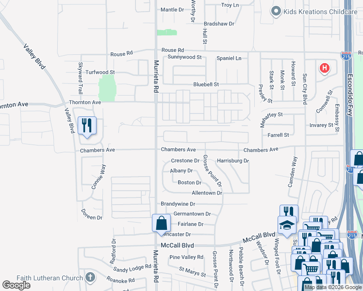 map of restaurants, bars, coffee shops, grocery stores, and more near 26153 Desert Rose Lane in Menifee