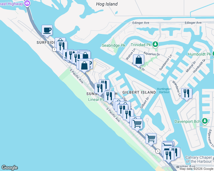 map of restaurants, bars, coffee shops, grocery stores, and more near 16572 Grimaud Lane in Huntington Beach