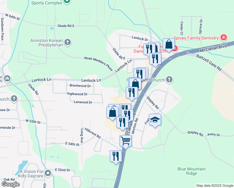 map of restaurants, bars, coffee shops, grocery stores, and more near 100 Bill Robison Parkway in Anniston