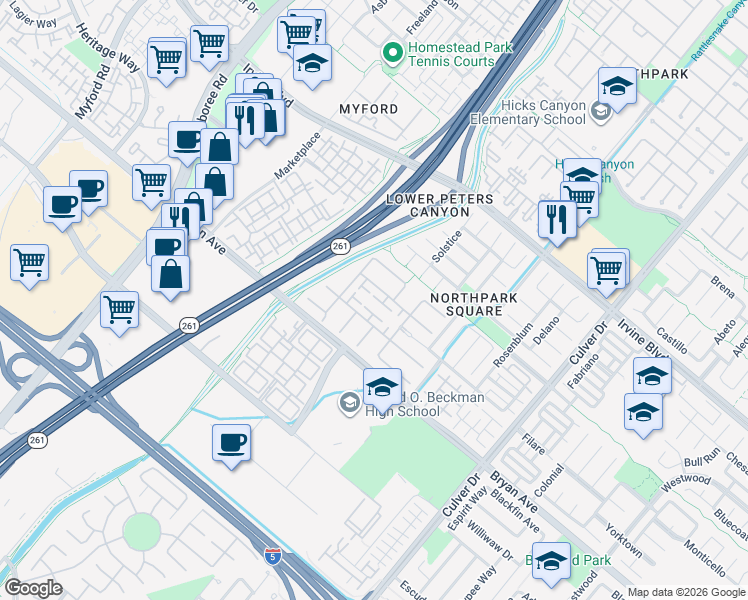 map of restaurants, bars, coffee shops, grocery stores, and more near 16 Evensen in Irvine