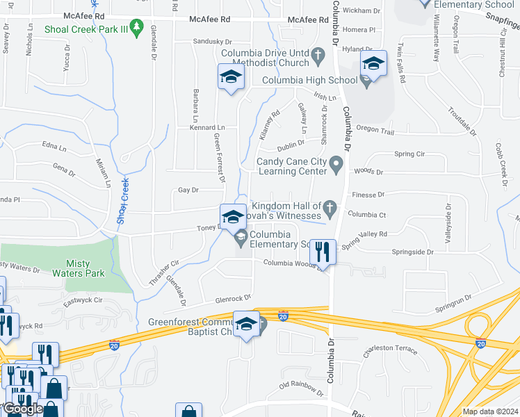 map of restaurants, bars, coffee shops, grocery stores, and more near 3251 Casa Linda Drive in Decatur