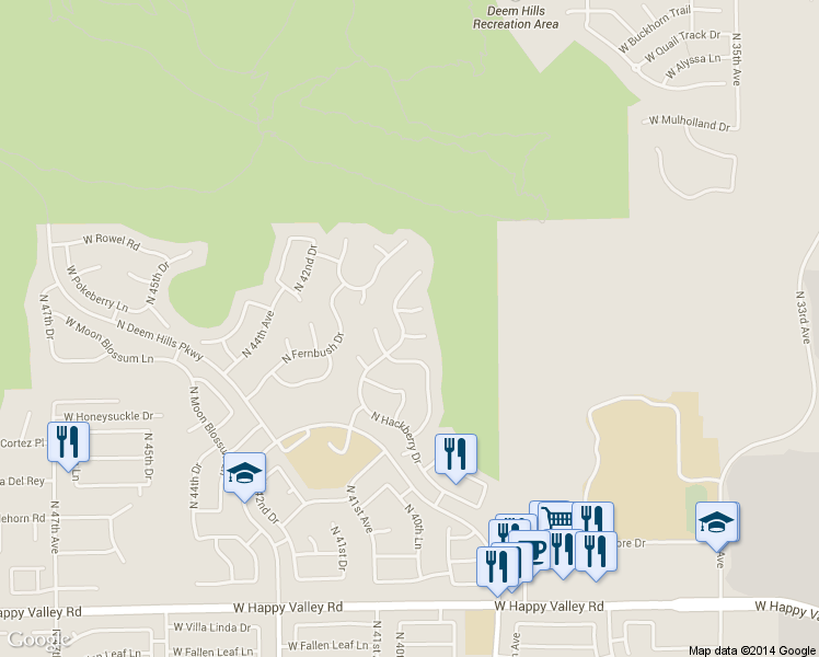 map of restaurants, bars, coffee shops, grocery stores, and more near 26008 North Hackberry Drive in Phoenix