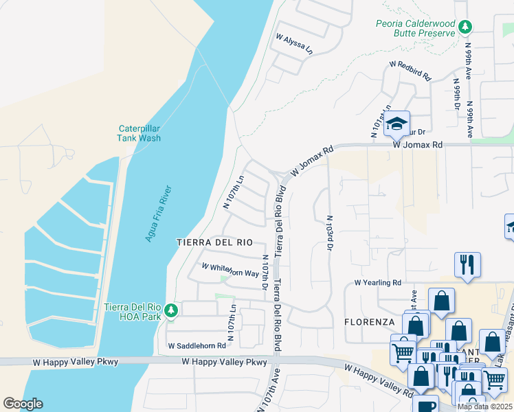 map of restaurants, bars, coffee shops, grocery stores, and more near 10743 West Lariat Lane in Peoria