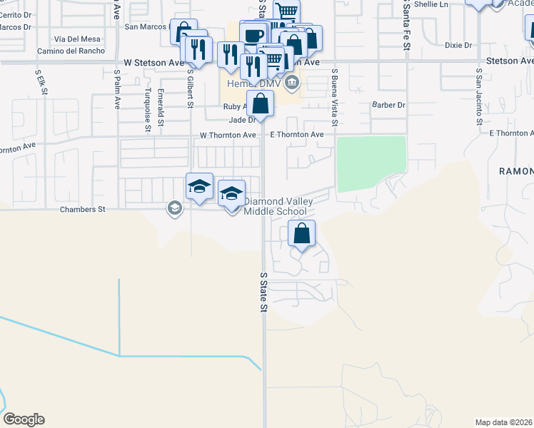 map of restaurants, bars, coffee shops, grocery stores, and more near 1499 South State Street in Hemet