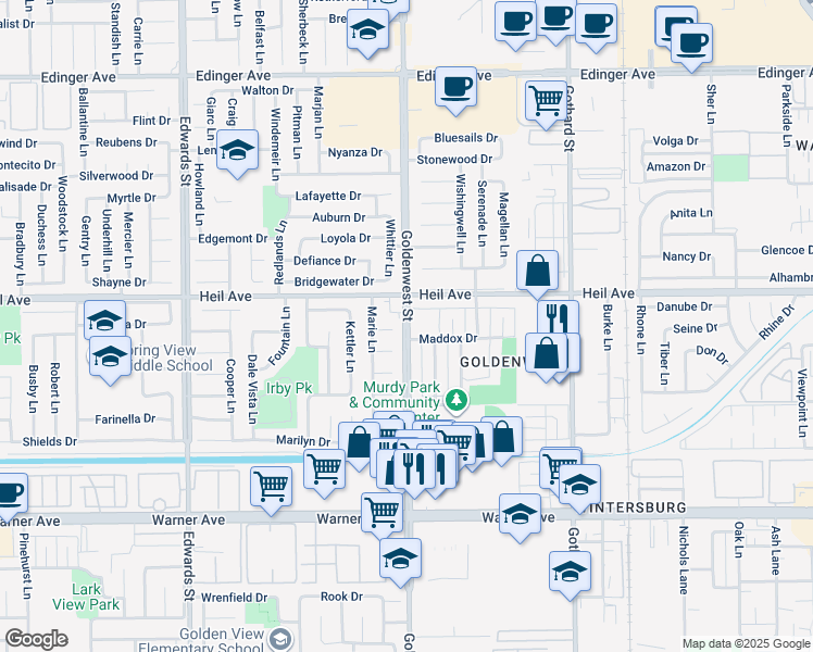 map of restaurants, bars, coffee shops, grocery stores, and more near 16582 Goldenwest Street in Huntington Beach