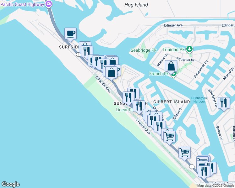 map of restaurants, bars, coffee shops, grocery stores, and more near 16561 California 1 in Huntington Beach