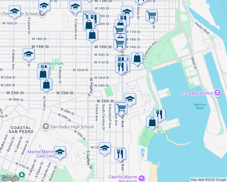 map of restaurants, bars, coffee shops, grocery stores, and more near 2411 South Grand Avenue in Los Angeles