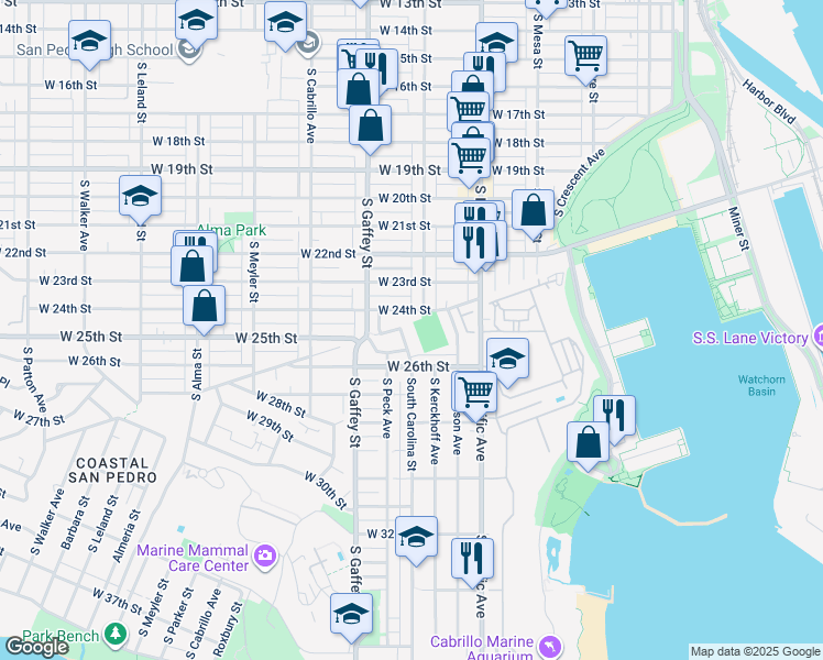 map of restaurants, bars, coffee shops, grocery stores, and more near 2411 South Grand Avenue in Los Angeles
