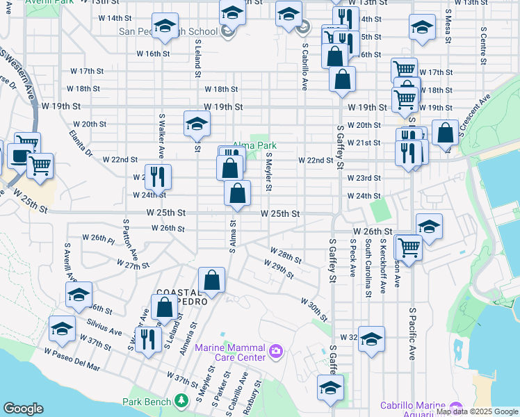 map of restaurants, bars, coffee shops, grocery stores, and more near 927 West 25th Street in Los Angeles