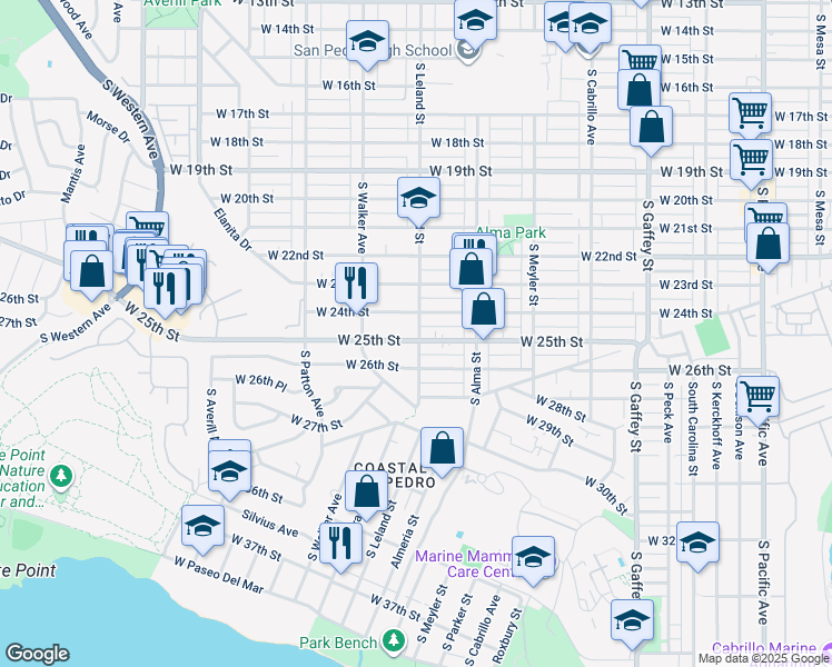 map of restaurants, bars, coffee shops, grocery stores, and more near 1121 West 25th Street in Los Angeles