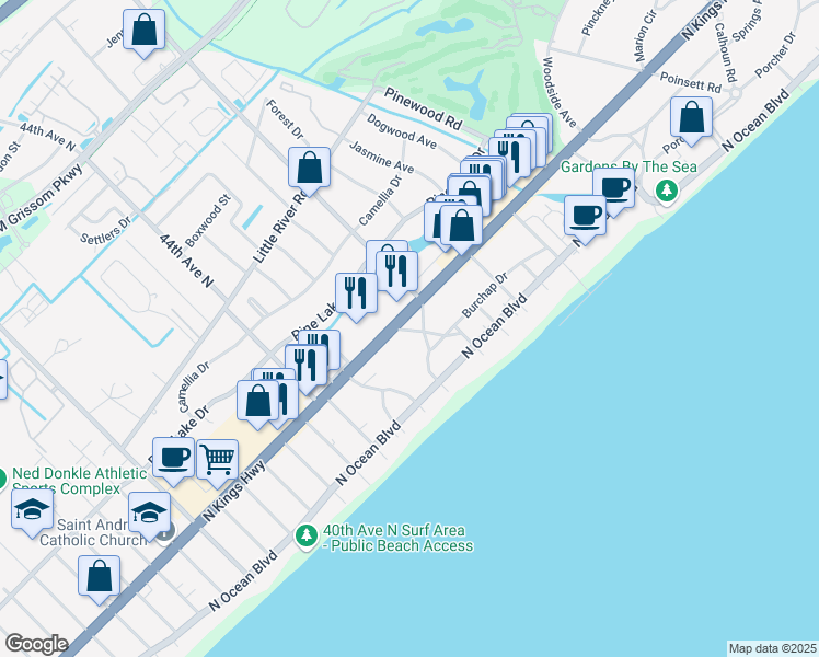 map of restaurants, bars, coffee shops, grocery stores, and more near 407 47th Avenue North in Myrtle Beach