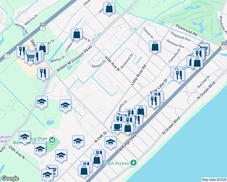 map of restaurants, bars, coffee shops, grocery stores, and more near 4115 Little River Road in Myrtle Beach