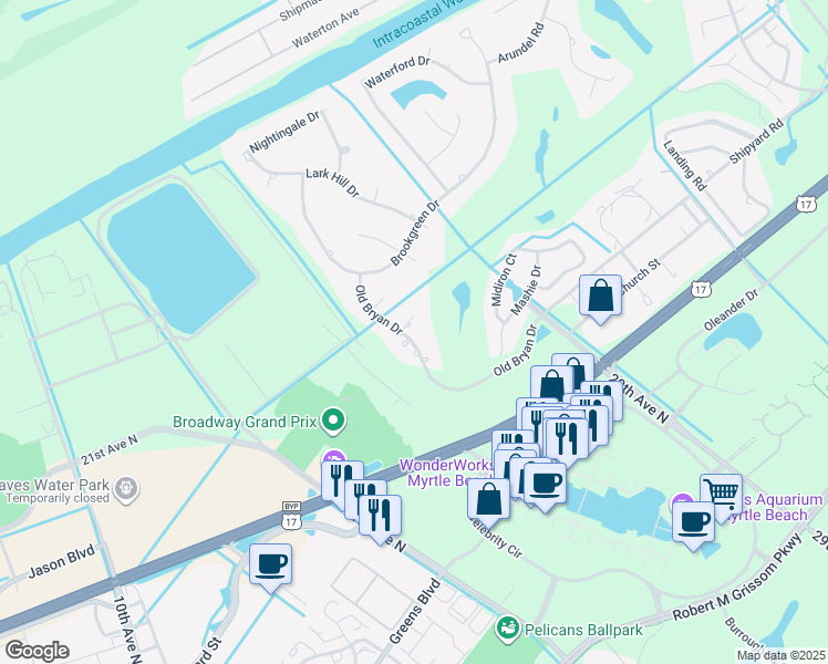 map of restaurants, bars, coffee shops, grocery stores, and more near 2841 Old Bryan Drive in Myrtle Beach