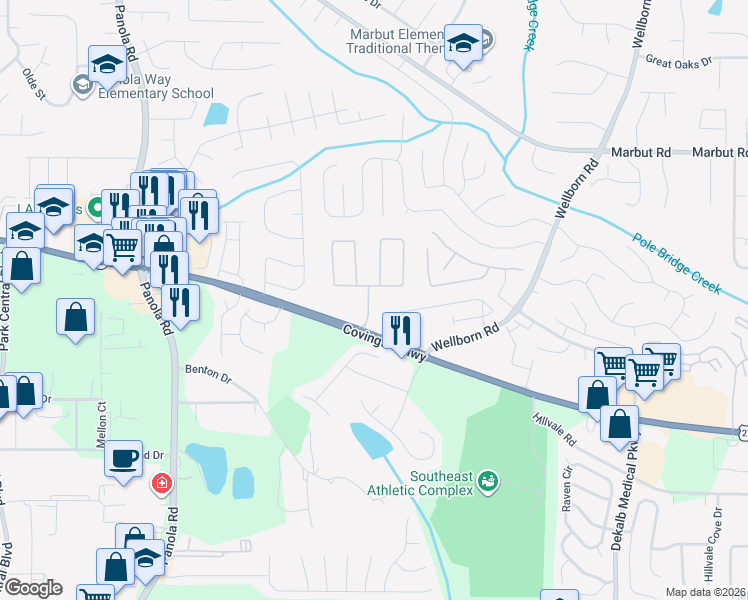 map of restaurants, bars, coffee shops, grocery stores, and more near 2299 Strathmoor Manor Drive in Lithonia