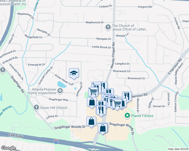 map of restaurants, bars, coffee shops, grocery stores, and more near 4213 Wesley Hall Lane in Decatur