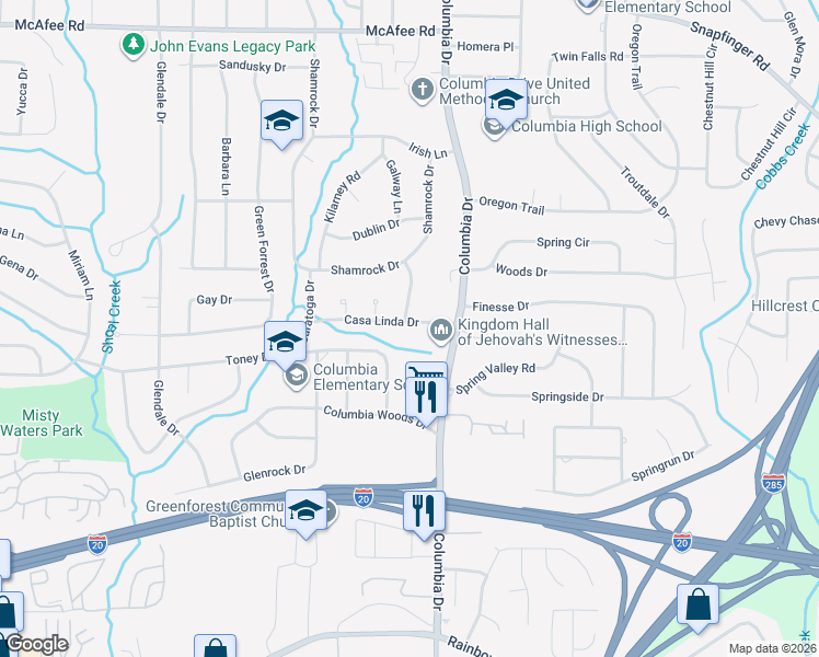 map of restaurants, bars, coffee shops, grocery stores, and more near 3331 Casa Linda Drive in Decatur