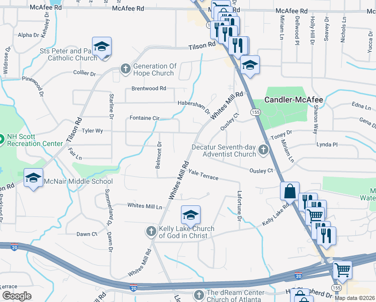 map of restaurants, bars, coffee shops, grocery stores, and more near 2245 Whites Mill Road in Decatur