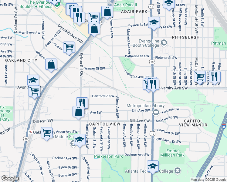 map of restaurants, bars, coffee shops, grocery stores, and more near 793 Hartford Place Southwest in Atlanta