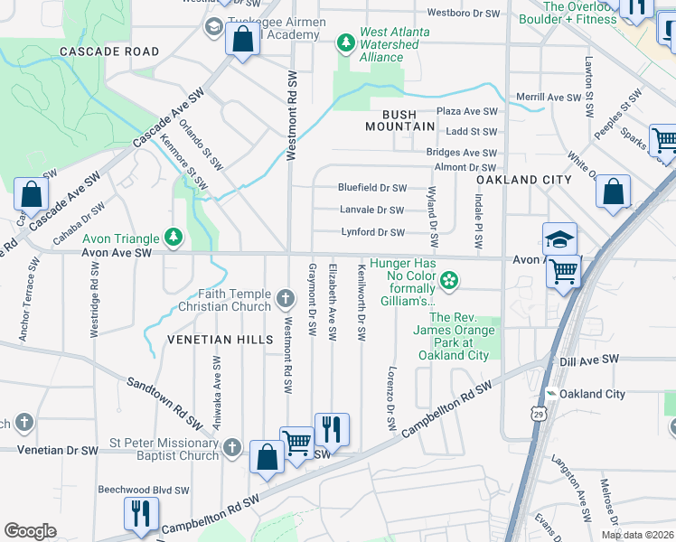 map of restaurants, bars, coffee shops, grocery stores, and more near 1234 Elizabeth Avenue Southwest in Atlanta