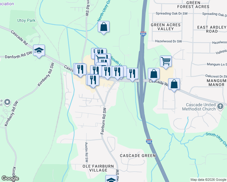 map of restaurants, bars, coffee shops, grocery stores, and more near 1212 Utoy Springs Road Southwest in Atlanta