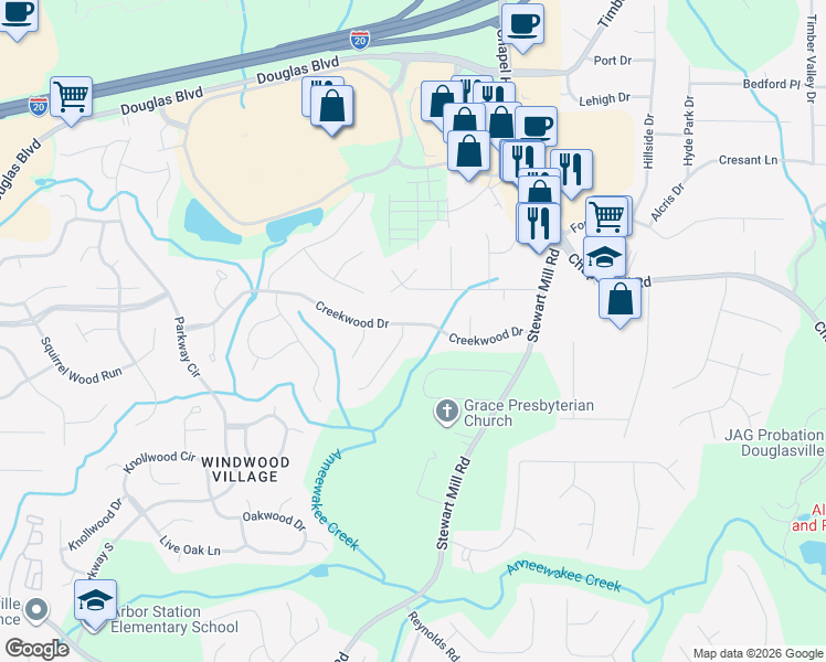 map of restaurants, bars, coffee shops, grocery stores, and more near 8603 Stone Creek Court in Douglasville