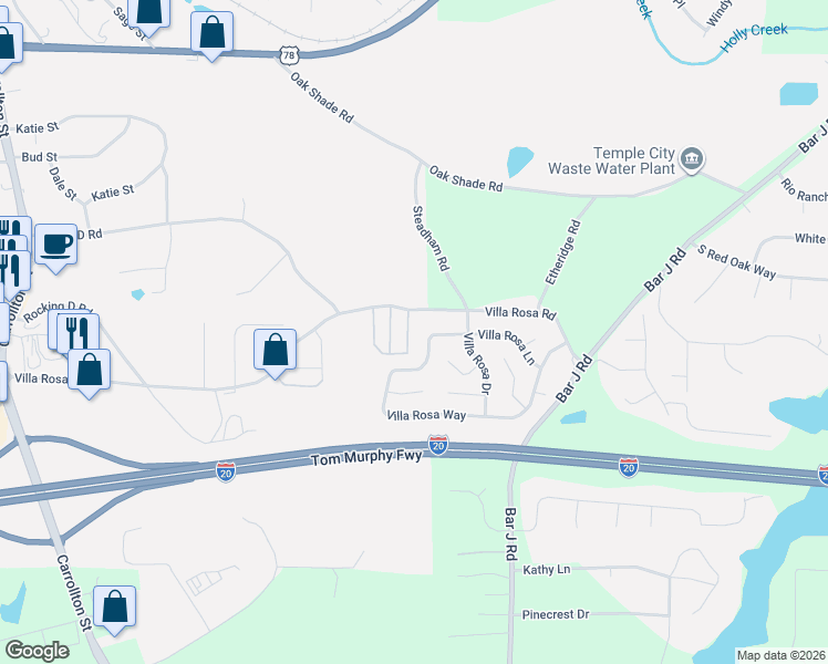 map of restaurants, bars, coffee shops, grocery stores, and more near 395 Villa Rosa Road in Temple