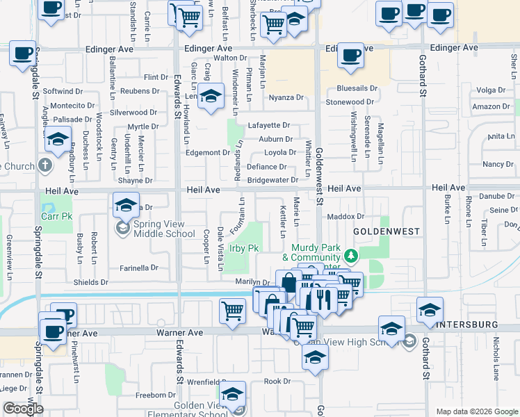 map of restaurants, bars, coffee shops, grocery stores, and more near 16562 Patricia Lane in Huntington Beach