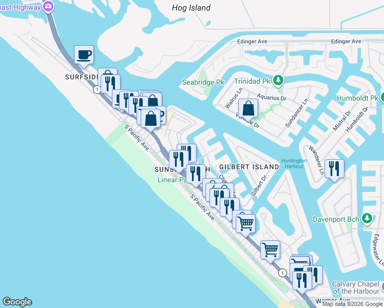 map of restaurants, bars, coffee shops, grocery stores, and more near 16572 Grimaud Lane in Huntington Beach