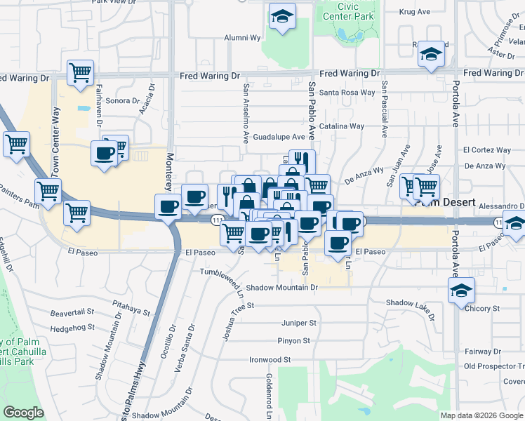 map of restaurants, bars, coffee shops, grocery stores, and more near 73360 Palm Desert Drive North in Palm Desert