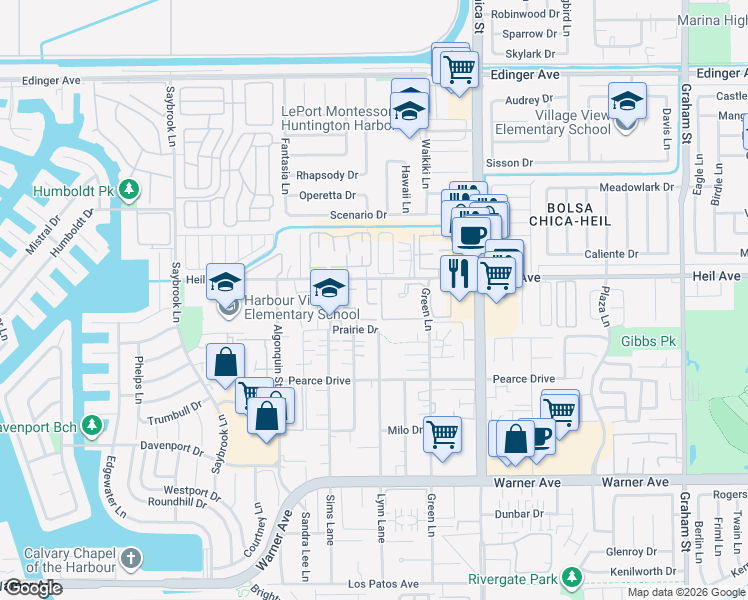 map of restaurants, bars, coffee shops, grocery stores, and more near 16512 Blackbeard Lane in Huntington Beach