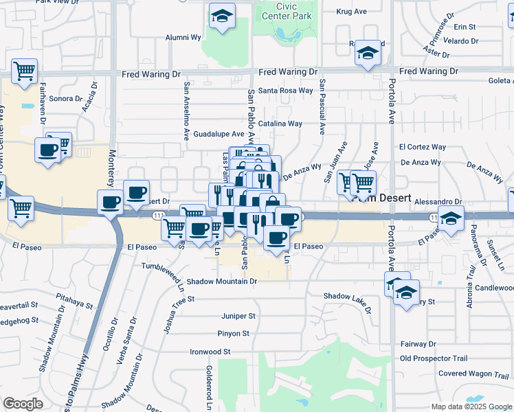 map of restaurants, bars, coffee shops, grocery stores, and more near 73510 California 111 in Palm Desert