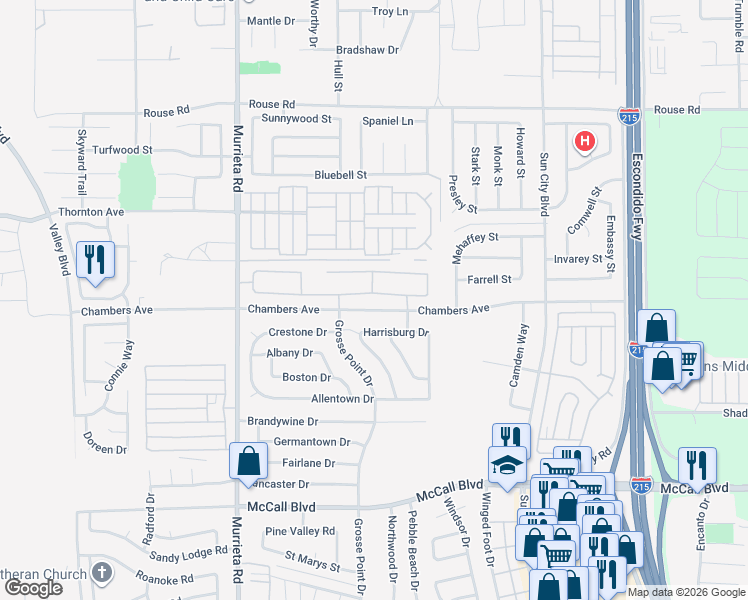 map of restaurants, bars, coffee shops, grocery stores, and more near 26363 Desert Rose Lane in Menifee