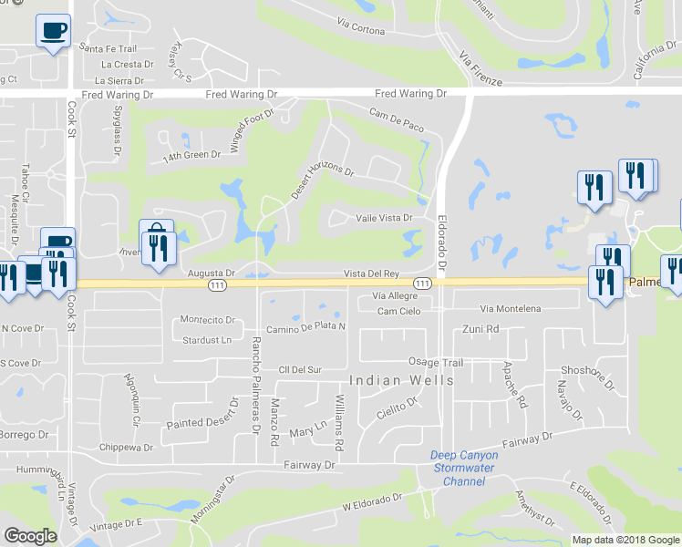 map of restaurants, bars, coffee shops, grocery stores, and more near 75501 Vista Del Rey in Indian Wells